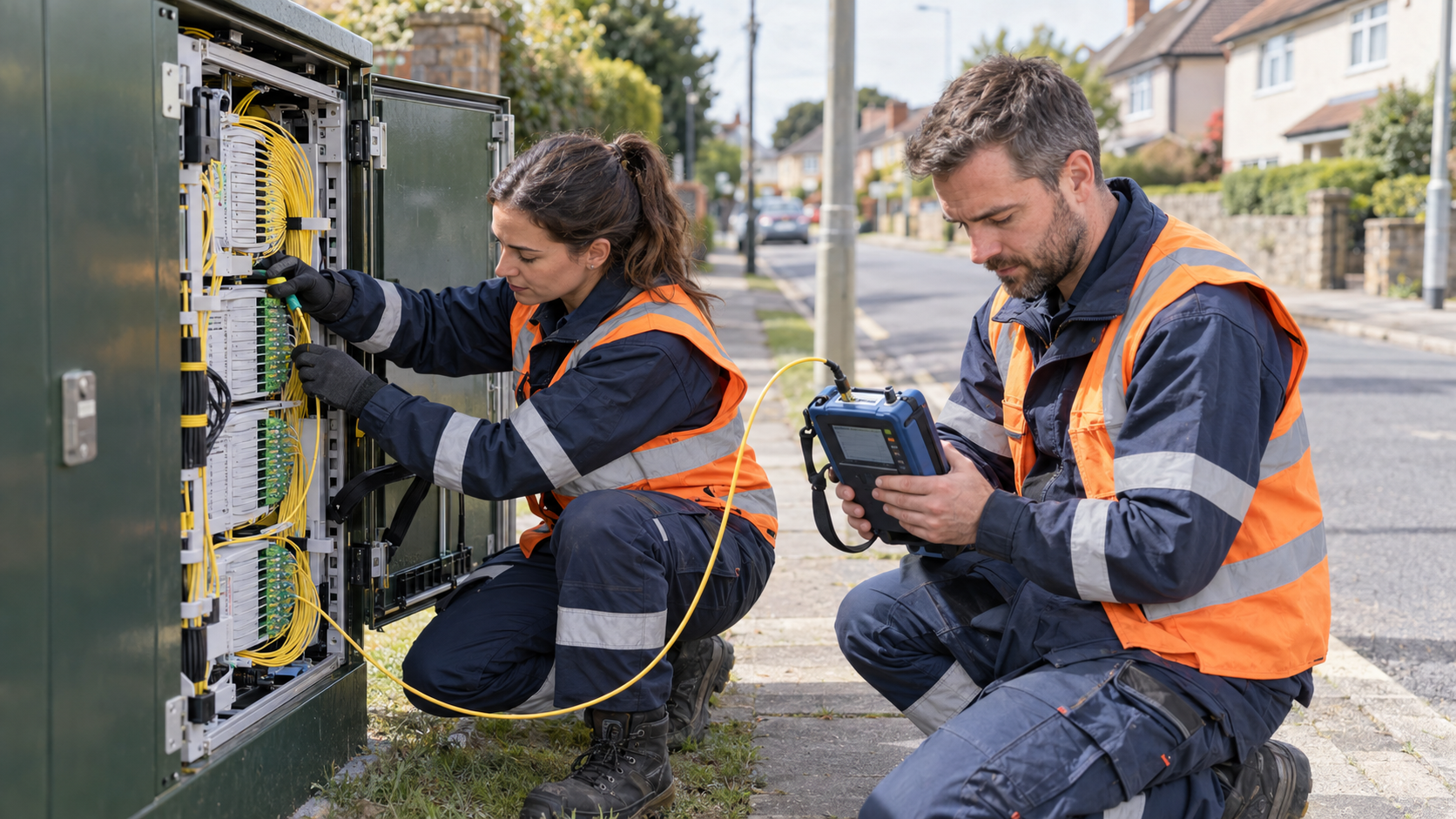 Two fibre field engineers testing a roadside broadband cabinet with a handheld optical test instrument