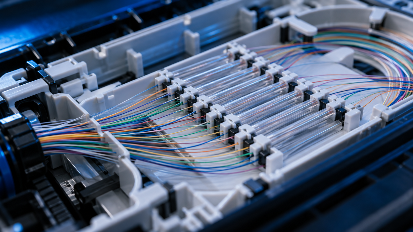 Fine colour-coded optical fibres organised inside a precision splice tray