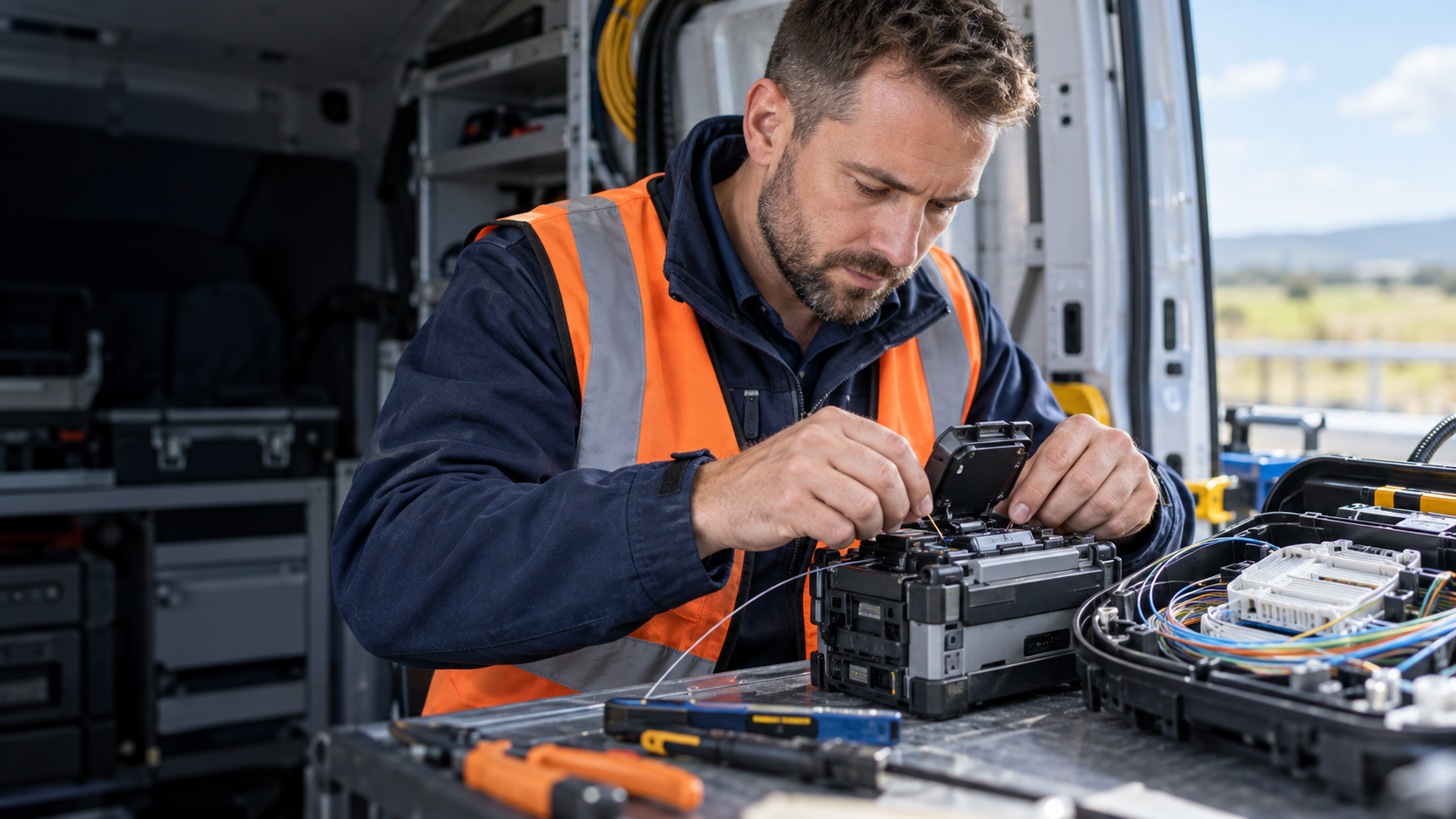 Fibre engineer carefully working with a fusion splicer at a technical workbench