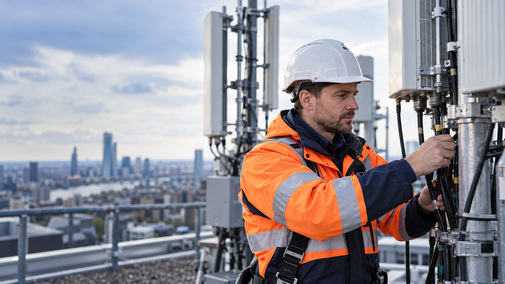 Telecoms field engineer commissioning rooftop radio equipment