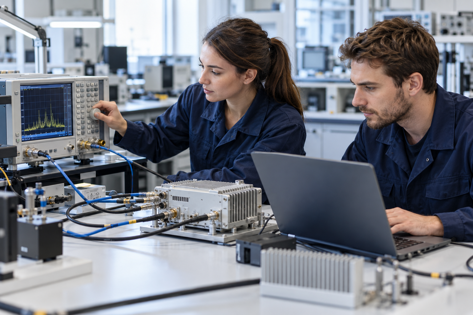 Two RF engineers testing radio equipment and reviewing measurements in a wireless engineering laboratory